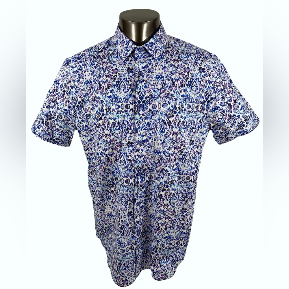Robert Graham Men's Blue Multi Floral Damask Button Down Short Sleeve Shirt XL